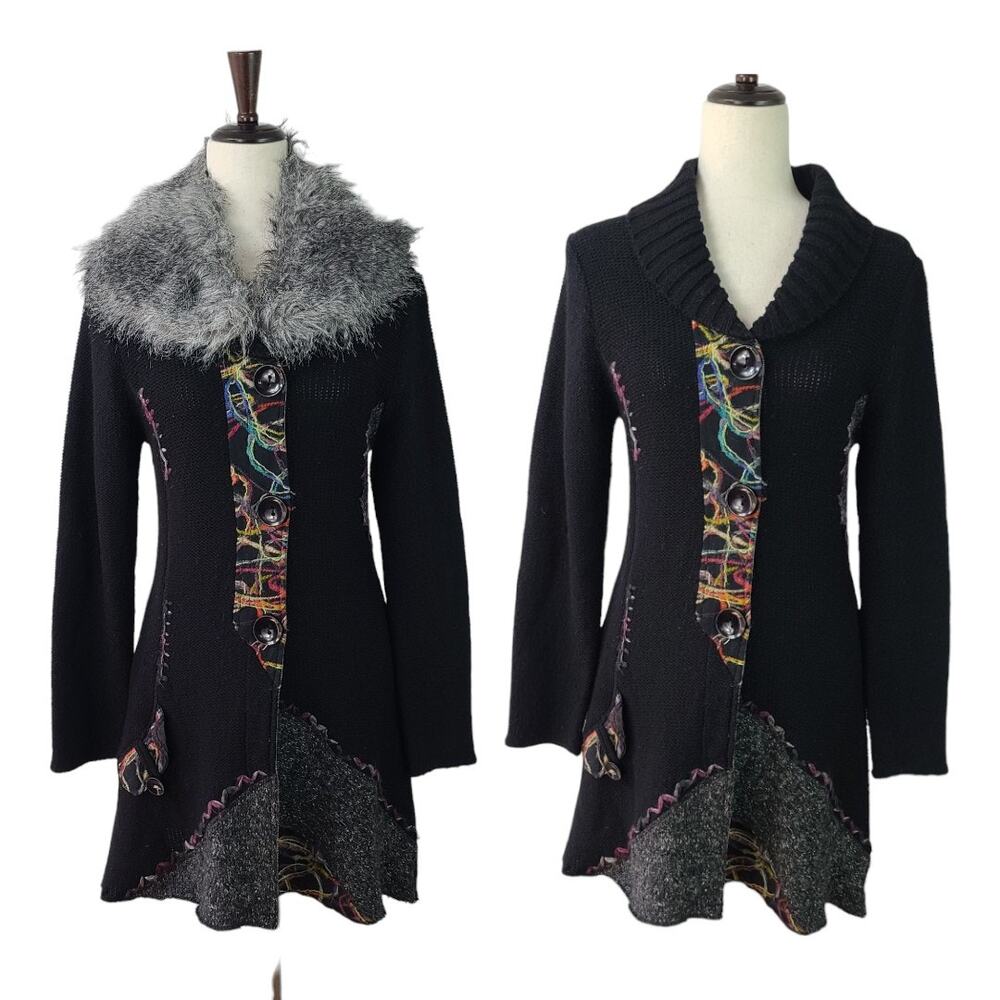 Tessori Black Embellished Cardigan Wool Blend Sweater Removeable Collar Italy  S